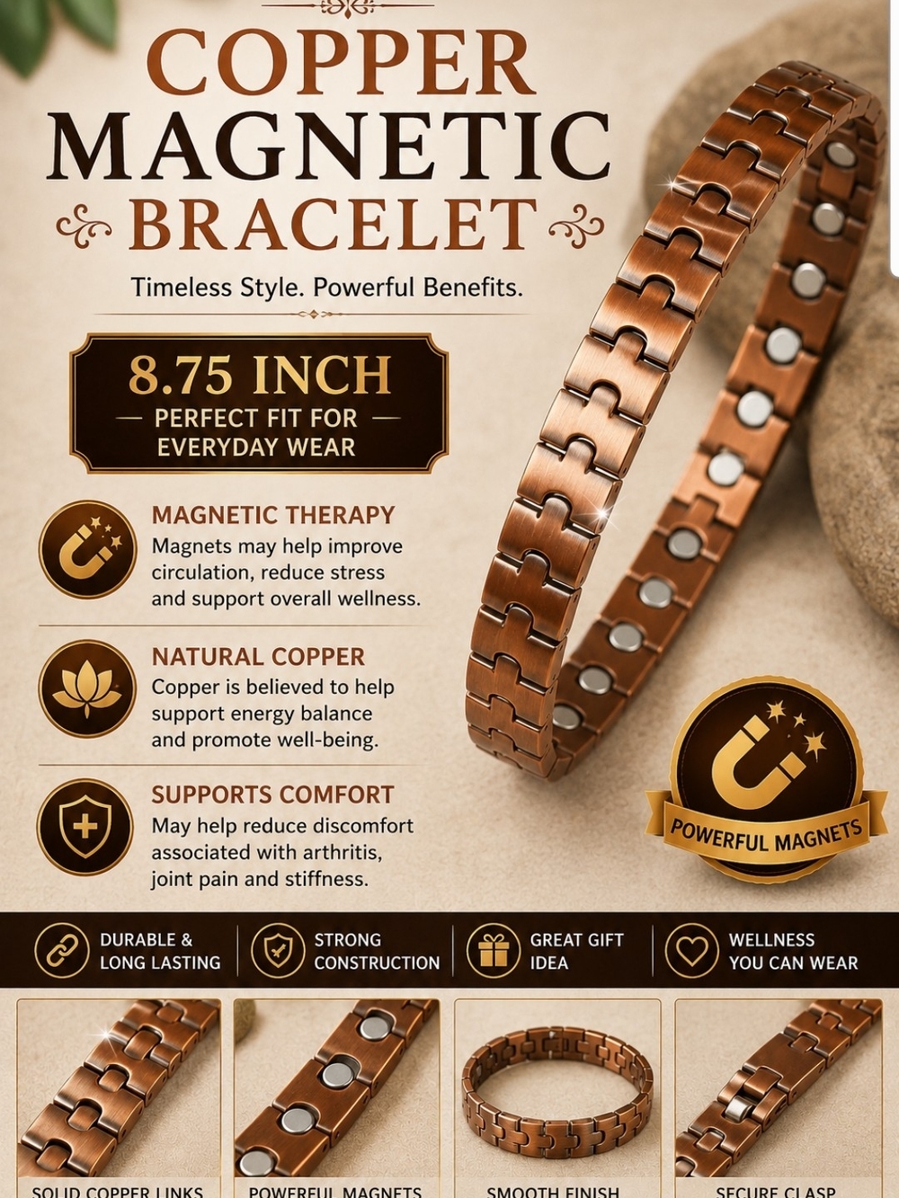 Copper Magnetic Therapy Bracelet - Copper Color